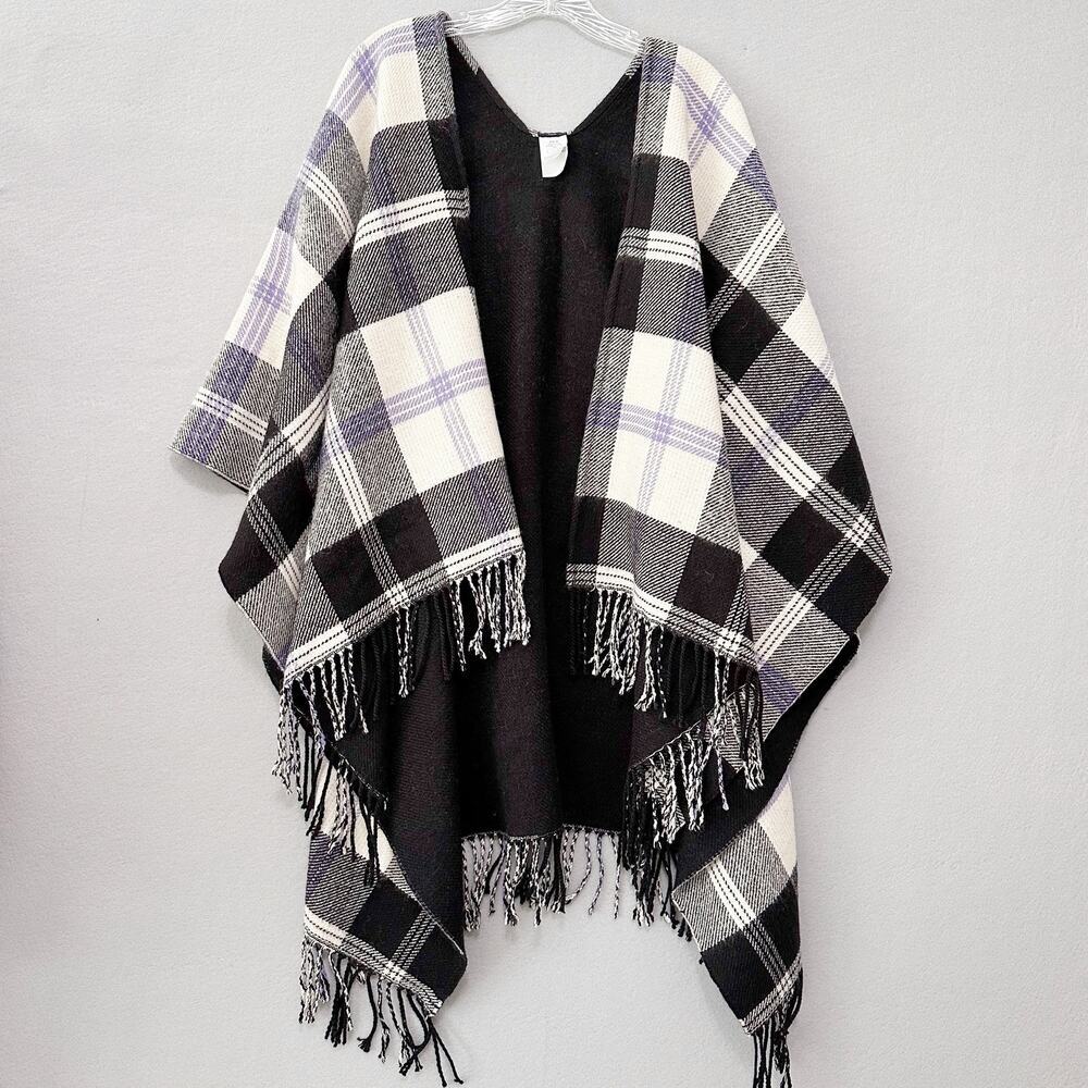 J.Crew Reversible Oversized Wool Blanket Poncho Cape Wrap Purple Plaid Small
